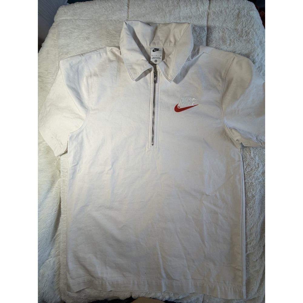 Nike Polo Mens Small Cream White Short Sleeve Swoosh Logo Sportswear Quarter Zip